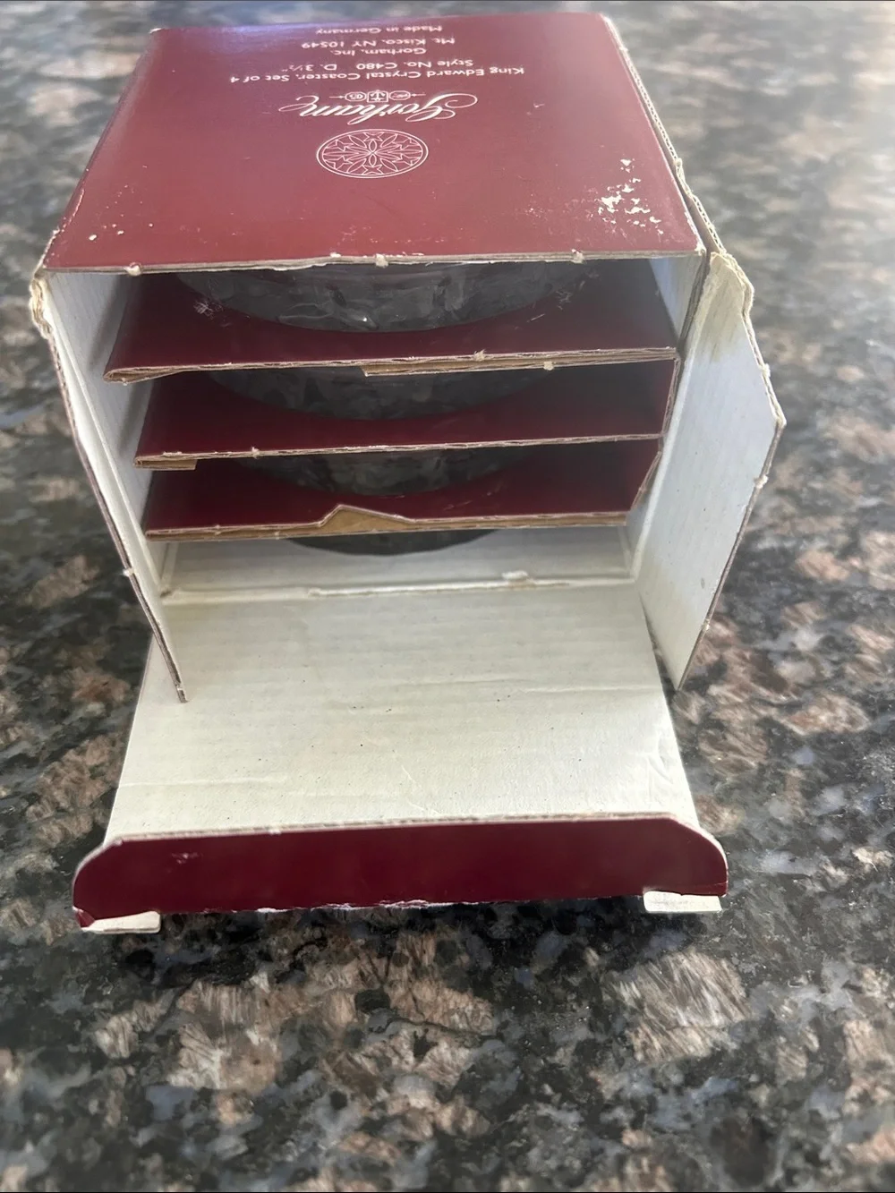 GORHAM KING EDWARD CRYSTAL COASTERS MADE IN GERMANY SET OF 4 NWT